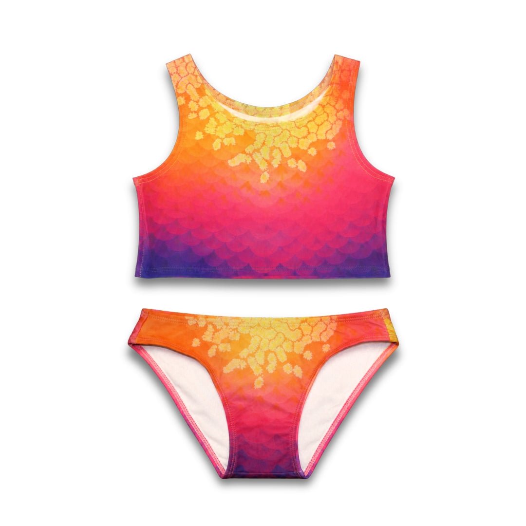 Bikiniset Sunny Sunset met een kleurrijk verloop van oranje naar paars, perfect voor zeemeerminnen en zwembadplezier.