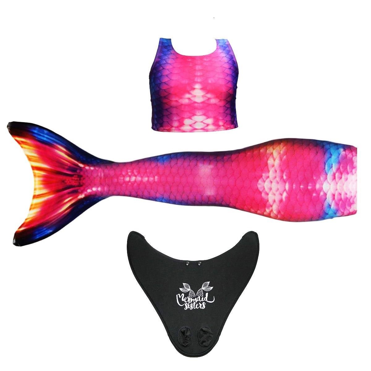 Zeemeermin staart Tropical Sunset met monovin en bikini in roze-oranje tinten – Mermaid Sisters