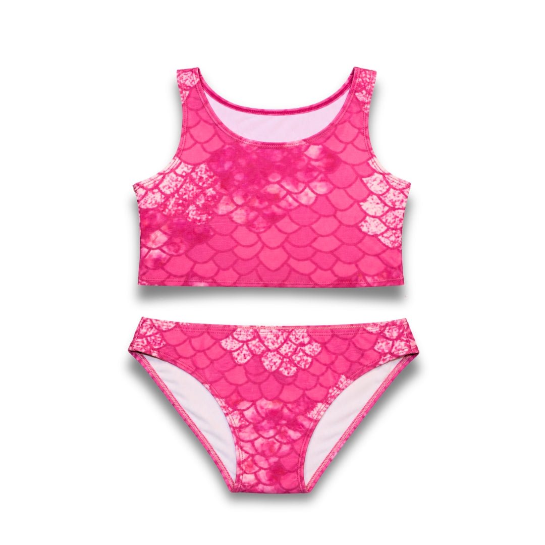 Vrolijke roze bikiniset Yuna met schubbenpatroon, perfect voor zwemfeestjes en bijpassend bij de Yuna zeemeerminstaart.