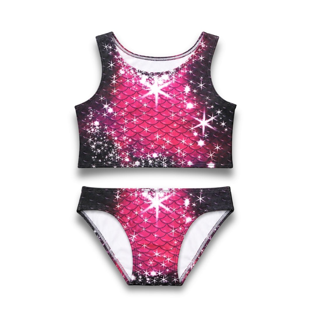Bikiniset Pink Passion in glanzende roze en zwarte kleuren, perfect voor een zeemeermin look of zwemplezier.