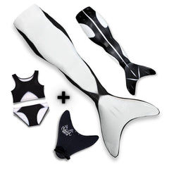 Zwart-witte Orca zeemeerminstaart met bijpassend zwemoutfit, perfect voor een krachtige uitstraling in het water.